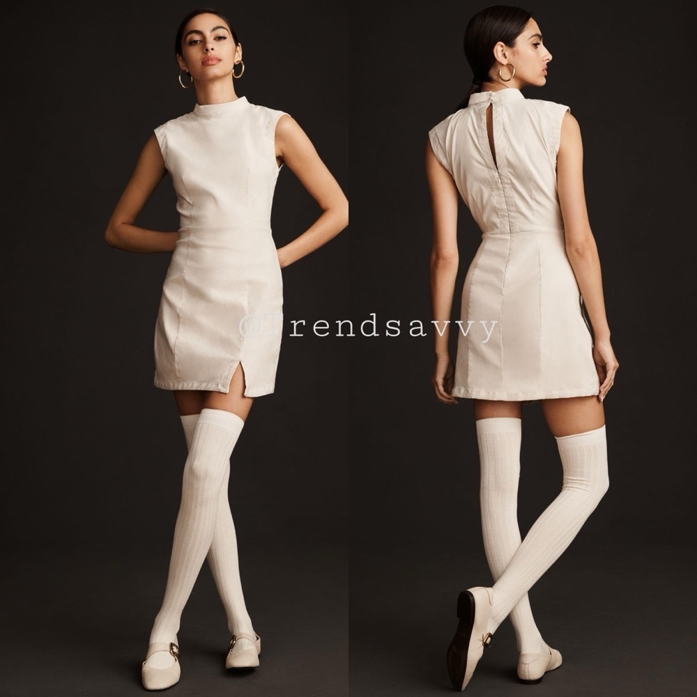 Anthropologie Ivory Mock Neck Sleeveless Mini Dress Petite Large Minimalist Chic